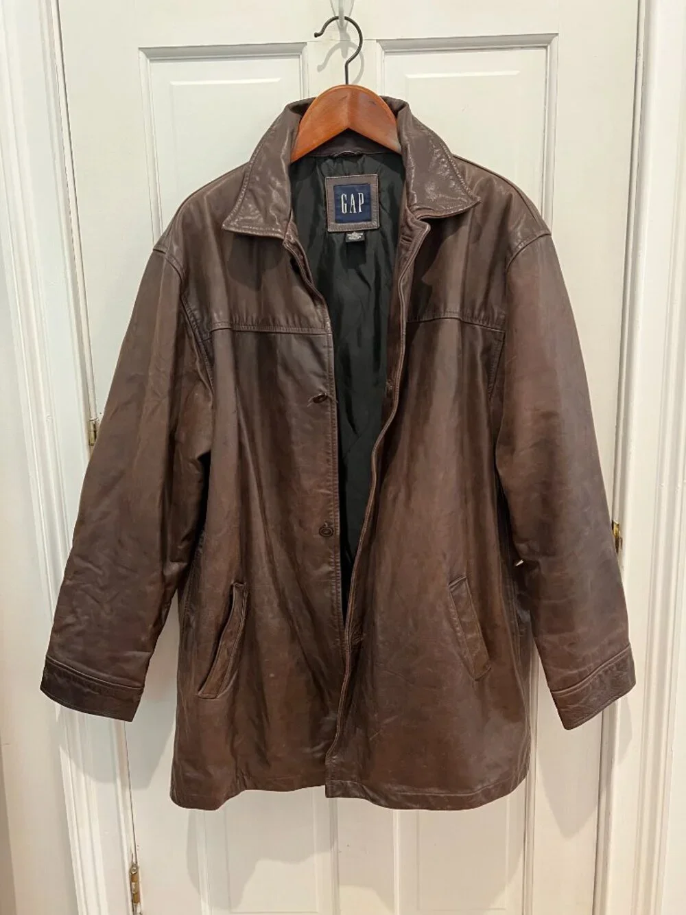Gap Vintage Distressed Men’s Brown Leather Car Coat Jacket Button-Down Y2K